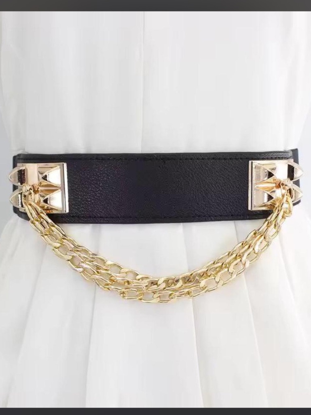 Black Waist Belt with Gold Chain Accent by